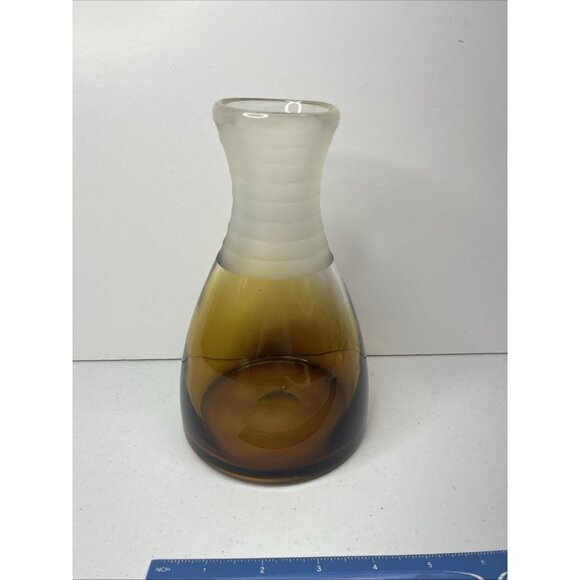 Mid Century Modern Ombre Amber Hand Blown Glass Vase Frosted Robbed Neck - Picture 7 of 9